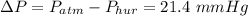 \Delta P= P_{atm} - P_{hur} = 21.4\ mm Hg