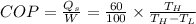 COP=\frac{Q_s}{W}=\frac{60}{100}\times \frac{T_H}{T_H-T_L}