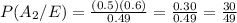 P(A_2/E)=\frac{(0.5)(0.6)}{0.49}=\frac{0.30}{0.49}=\frac{30}{49}