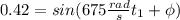 0.42 =  sin ( 675 \frac{rad}{s} t_1 + \phi)