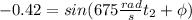 -0.42 =  sin ( 675 \frac{rad}{s} t_2 + \phi)