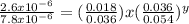 \frac{2.6x10^{-6}}{7.8x10^{-6}} = (\frac{0.018}{0.036})x(\frac{0.036}{0.054})^y