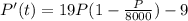 P'(t) = 19P(1 - \frac{P}{8000}) - 9