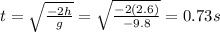 t=\sqrt{\frac{-2h}{g}}=\sqrt{\frac{-2(2.6)}{-9.8}}=0.73 s