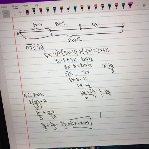 Given t to be the midpoint of line ab with at=3/4x+6 and tb=1/2x+9 find ab