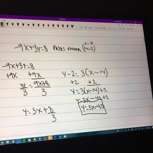 What is the equation that is parallel to the equation -9x + 3y = 8 and crosses through the point (14