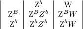 \begin{center}\begin{tabular}{ |c|c|c|c| }\ & Z^{b} & W \\ \ Z^{B} & Z^{B}Z^{b} & Z^{B}W \\ \ Z^{b} & Z^{b}Z^{b} & Z^{b}W \\ \end{tabular}\end{center}