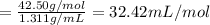 =\frac{42.50 g/mol}{1.311 g/mL}=32.42 mL/mol