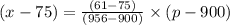 (x - 75)=\frac{(61-75)}{(956-900)}\times(p-900)