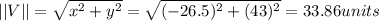 ||V|| = \sqrt{x^2 + y^2}= \sqrt{(-26.5)^2 + (43)^2} = 33.86 units