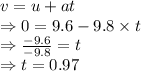 v=u+at\\\Rightarrow 0=9.6-9.8\times t\\\Rightarrow \frac{-9.6}{-9.8}=t\\\Rightarrow t=0.97 \s