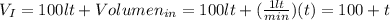 V_{I}=100 lt + Volumen_{in}=  100 lt + (\frac{1lt}{min})(t) =100+t
