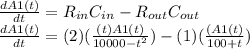 \frac{dA1(t)}{dt}= R_{in}C_{in}-R_{out}C_{out}\\\frac{dA1(t)}{dt}= (2)(\frac{(t)A1(t)}{10000-t^{2} })-(1)(\frac{(A1(t)}{100+t })