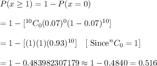 P(x\geq1)=1-P(x=0)\\\\=1-[^{10}C_0(0.07)^0(1-0.07)^{10}]\\\\=1-[(1)(1)(0.93)^{10}]\ \ \ [\text{ Since}^nC_0=1]\\\\=1-0.483982307179\approx1-0.4840=0.516