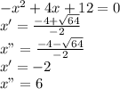 -x^{2} +4x+12=0\\ x'=\frac{-4+\sqrt{64}}{-2} \\ x"=\frac{-4-\sqrt{64}}{-2} \\ x'=-2\\ x"=6\\