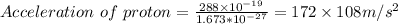 Acceleration\ of\ proton = \frac{288\times10^{-19}}{1.673*10^{-27}} =172\times108 m/s^{2}