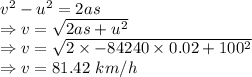 v^2-u^2=2as\\\Rightarrow v=\sqrt{2as+u^2}\\\Rightarrow v=\sqrt{2\times -84240\times 0.02+100^2}\\\Rightarrow v=81.42\ km/h
