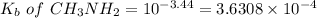 K_{b}\ of\ CH_3NH_2=10^{-3.44}=3.6308\times 10^{-4}