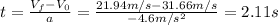 t=\frac{V_f-V_0}{a}=\frac{21.94 m/s-31.66m/s}{-4.6 m/s^2}=2.11 s