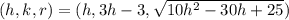 (h,k,r)=(h,3h-3,\sqrt{10h^{2}-30h+25})