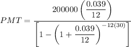 \displaystyle PMT = \frac{200000 \left(\displaystyle \frac{0.039}{12}\right)}{\left[ 1 - \left( 1 + \displaystyle \frac{0.039}{12}\right)^{-12(30)} \right]}