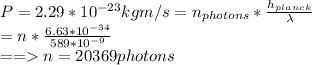P=2.29*10^{-23}kgm/s=n_{photons}*\frac{h_{planck}}{\lambda}\\=n*\frac{6.63*10^{-34}}{589*10^{-9}} \\==n=20369 photons