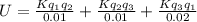 U=\frac{Kq_{1}q_{2}}{0.01}+\frac{Kq_{2}q_{3}}{0.01}+\frac{Kq_{3}q_{1}}{0.02}