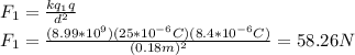 F_{1}=\frac{kq_{1} q }{d^2}\\F_{1}=\frac{(8.99*10^9)(25*10^{-6}C)(8.4*10^{-6}C)}{(0.18m)^2}=58.26 N\\