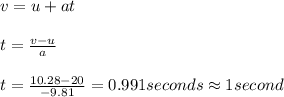 v=u+at\\\\t=\frac{v-u}{a}\\\\t=\frac{10.28-20}{-9.81}=0.991seconds\approx 1second