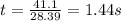 t=\frac{41.1}{28.39}=1.44 s