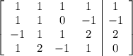 \left[\begin{array}{cccc|c}1 & 1 & 1 & 1 & 1 \\1 & 1 & 0 & -1 & -1 \\-1 & 1 & 1 & 2 & 2 \\1 & 2 & -1 & 1 & 0\end{array}\right]