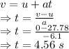 v=u+at\\\Rightarrow t=\frac{v-u}{a}\\\Rightarrow t=\frac{0-27.78}{-6.1}\\\Rightarrow t=4.56\ s