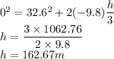 0^{2} =32.6^{2} +2(-9.8)\dfrac{h}{3} \\h=\dfrac{3\times 1062.76}{2\times 9.8}\\h=162.67 m