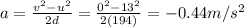 a=\frac{v^2-u^2}{2d}=\frac{0^2-13^2}{2(194)}=-0.44 m/s^2