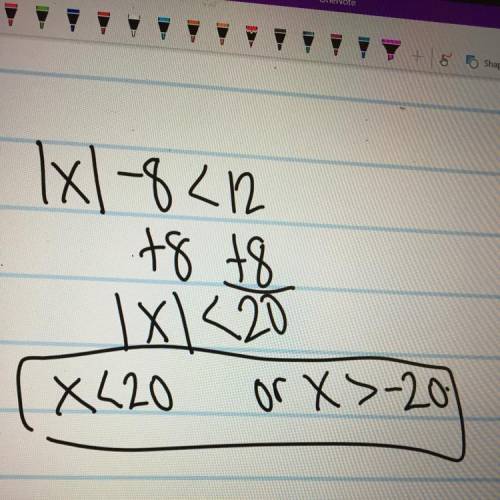 Which values are in the solution set of |x| -8 <  12?