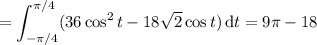 =\displaystyle\int_{-\pi/4}^{\pi/4}(36\cos^2t-18\sqrt2\cos t)\,\mathrm dt=9\pi-18