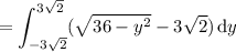 =\displaystyle\int_{-3\sqrt2}^{3\sqrt2}(\sqrt{36-y^2}-3\sqrt2)\,\mathrm dy