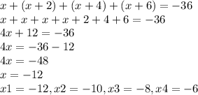 x + (x+2) +(x+4)+(x+6) = -36\\x + x + x + x + 2 + 4 + 6 = -36\\4x + 12 = -36\\4x = -36 - 12\\4x = -48\\x = -12\\x1 = -12, x2 =-10, x3 = -8, x4 = -6