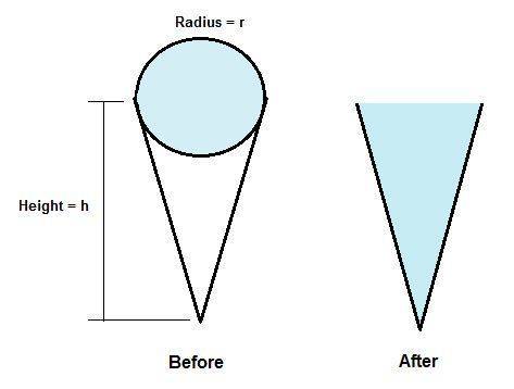 Aspherical scoop of ice cream is placed on top of a hollow ice cream cone. the scoop and cone have t
