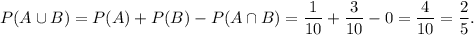 P(A\cup B)=P(A)+P(B)-P(A\cap B)=\dfrac{1}{10}+\dfrac{3}{10}-0=\dfrac{4}{10}=\dfrac{2}{5}.