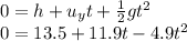 0 = h + u_yt +\frac{1}{2}gt^2\\0 = 13.5 +11.9 t - 4.9t^2