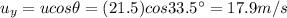 u_y = u cos \theta = (21.5) cos 33.5^{\circ} =17.9 m/s