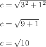 c= \sqrt{3^2+1^2} \\\\c= \sqrt{9+1} \\\\c= \sqrt{10}