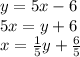 y=5x-6\\&#10;5x=y+6\\&#10;x=\frac{1}{5}y+\frac{6}{5}