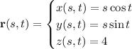 \mathbf r(s,t)=\begin{cases}x(s,t)=s\cos t\\y(s,t)=s\sin t\\z(s,t)=4\end{cases}