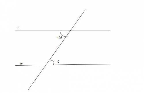 Two parallel lines are crossed by a transversal. parallel lines u and w are cut by transversal t. at