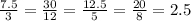 \frac{7.5}{3}=\frac{30}{12}=\frac{12.5}{5}=\frac{20}{8}=2.5