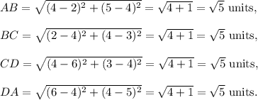 AB=\sqrt{(4-2)^2+(5-4)^2}=\sqrt{4+1}=\sqrt{5}~\textup{units},\\\\BC=\sqrt{(2-4)^2+(4-3)^2}=\sqrt{4+1}=\sqrt{5}~\textup{units},\\\\CD=\sqrt{(4-6)^2+(3-4)^2}=\sqrt{4+1}=\sqrt{5}~\textup{units},\\\\DA=\sqrt{(6-4)^2+(4-5)^2}=\sqrt{4+1}=\sqrt{5}~\textup{units}.
