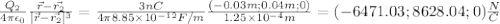\frac{Q_{2} }{4\pi \epsilon_{0} } \frac{\vec{r}-\vec{r_{2} }}{|\vec{r}-\vec{r_{2} }|^{3} }=\frac{3nC}{4\pi 8.85\times 10^{-12}F/m } \frac{(-0.03m; 0.04 m; 0)}{1.25\times 10^{-4}m} = (-6471.03; 8628.04; 0)\frac{N}{C}