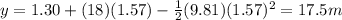 y=1.30+(18)(1.57)-\frac{1}{2}(9.81)(1.57)^2=17.5 m